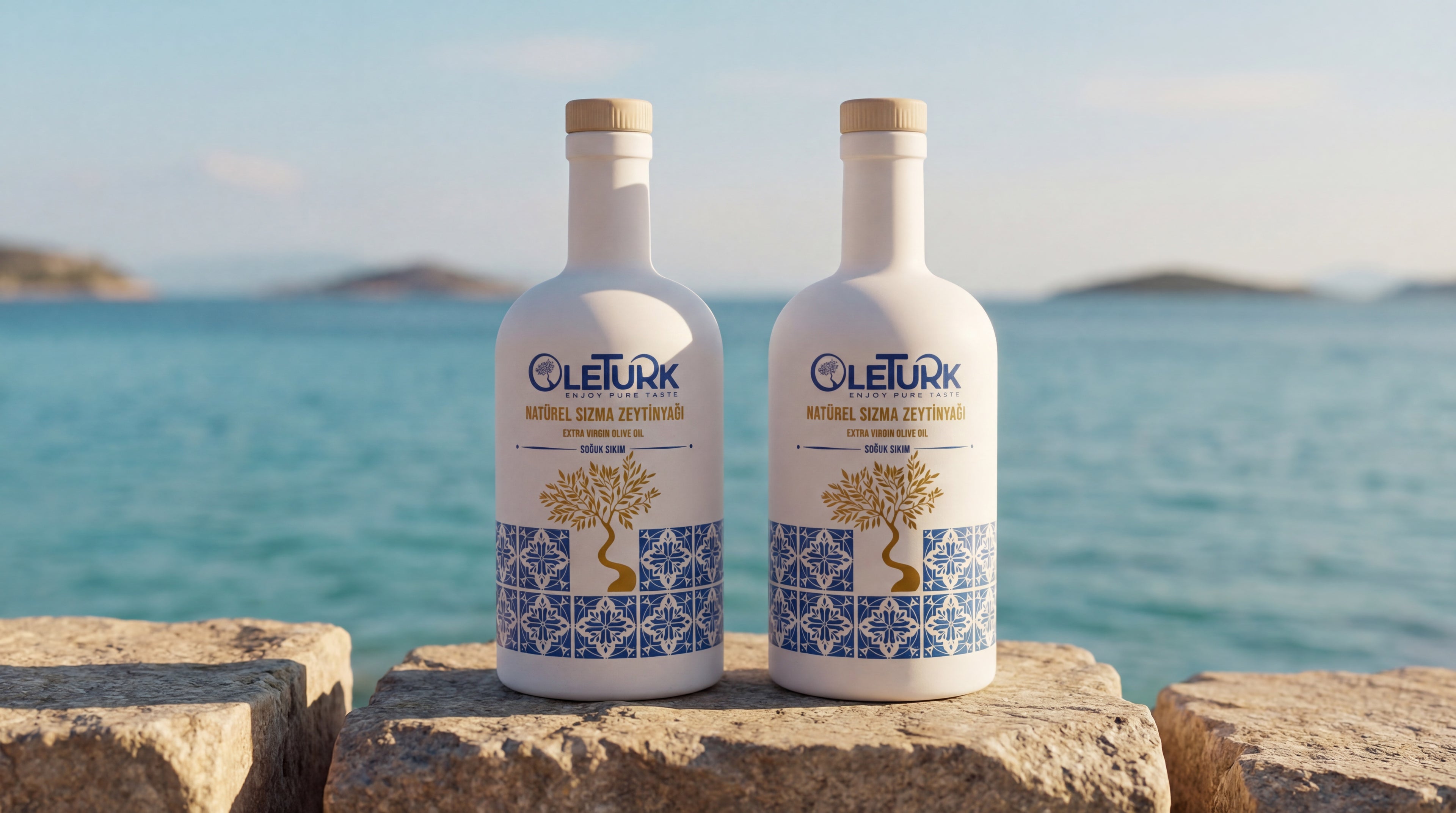 Ege sahilinde natürel sızma zeytinyağı şişeleri OleTurk