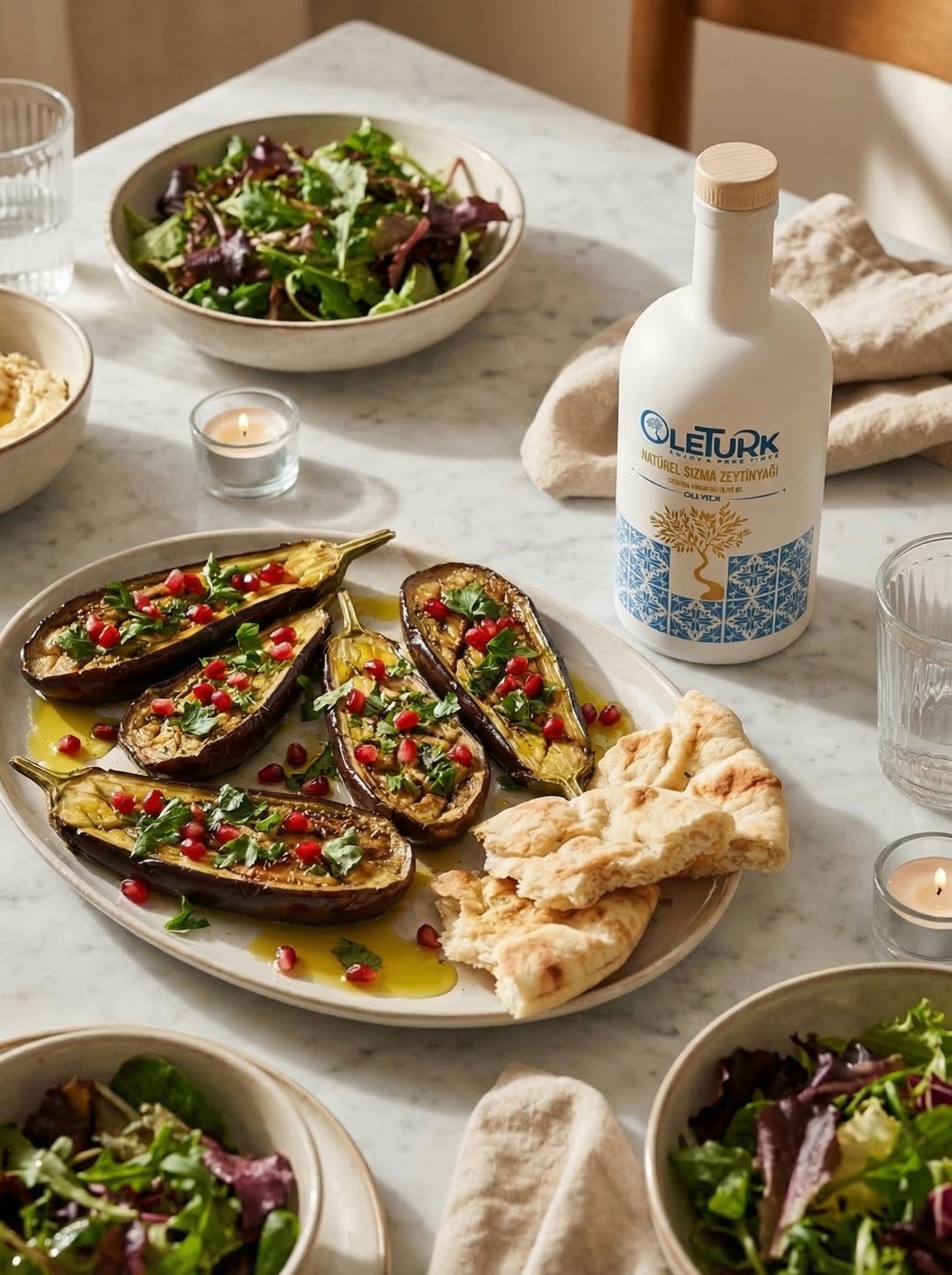 soğuk sıkım natürel sızma zeytinyağı masa sunumu OleTurk